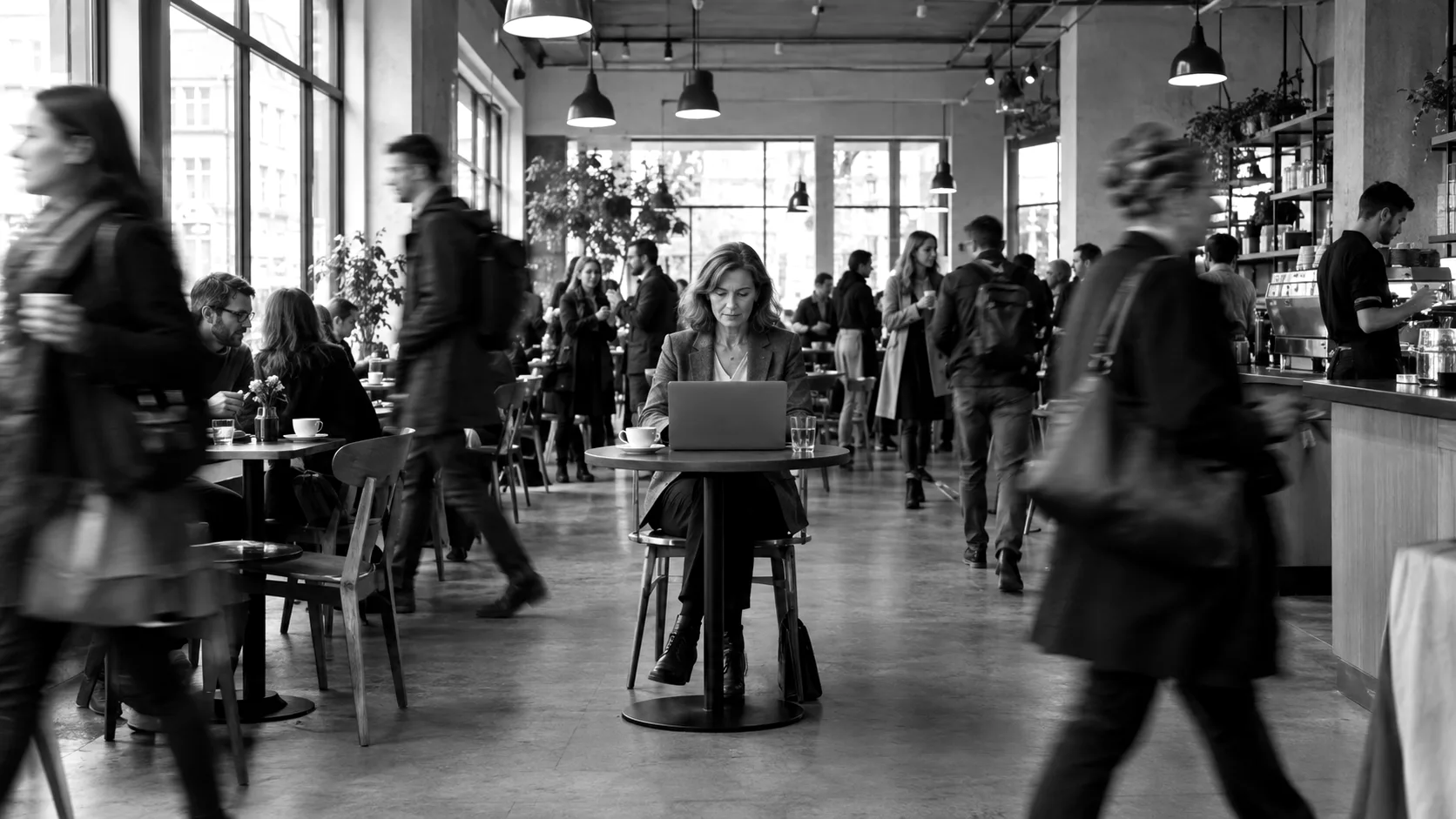 KI-generiertes Schwarzweißbild eines vollen Cafés. Die Menschen ringsum verschwimmen, eine Frau am Tisch in der Mitte arbeitet konzentriert am Laptop und bleibt scharf.